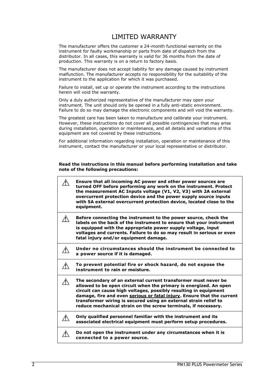 Limited warranty, Warning | SATEC PM130 PLUS Manual User Manual | Page 2 / 159