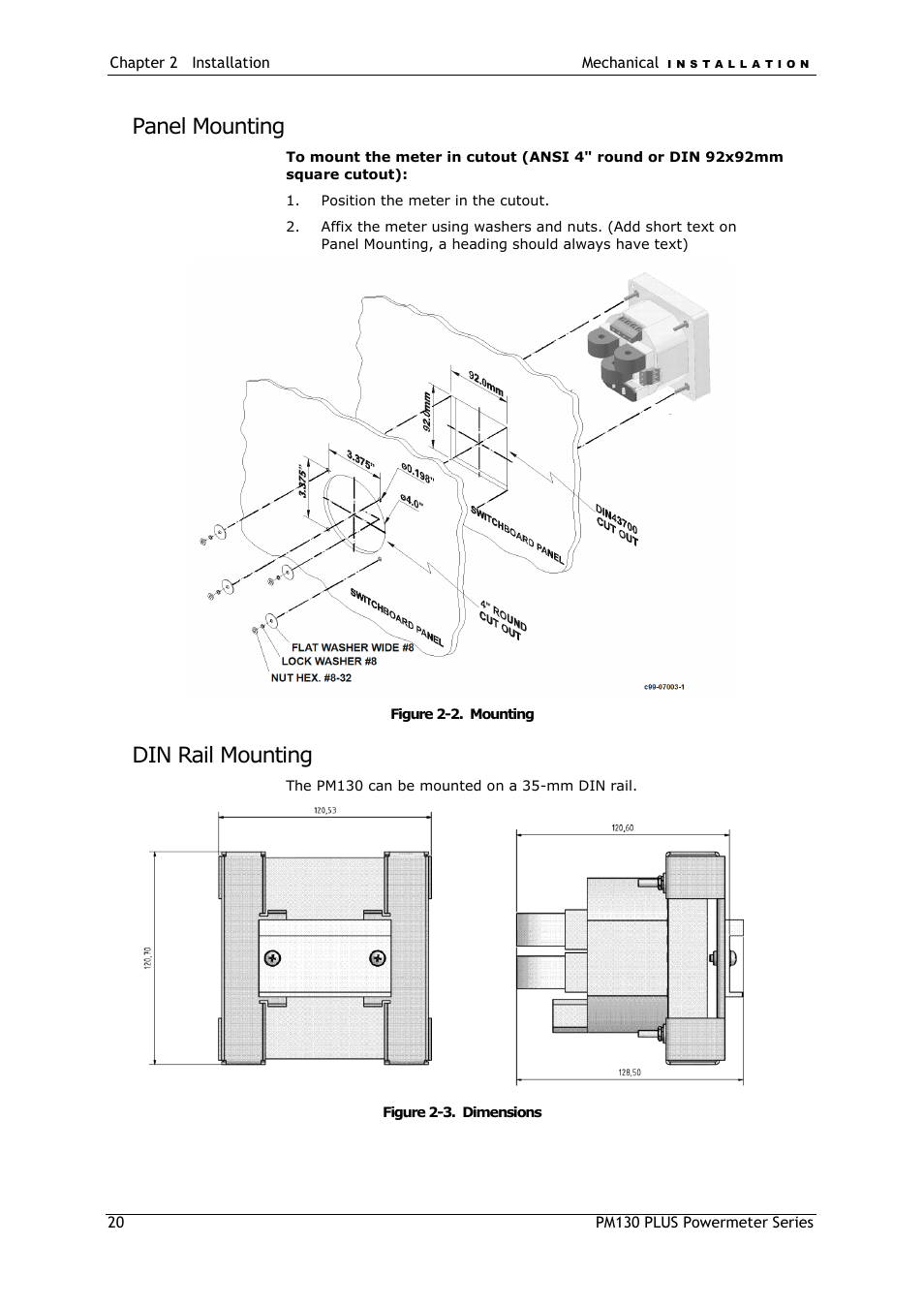 Panel mounting, Din rail mounting | SATEC PM130 PLUS Manual User Manual | Page 20 / 159