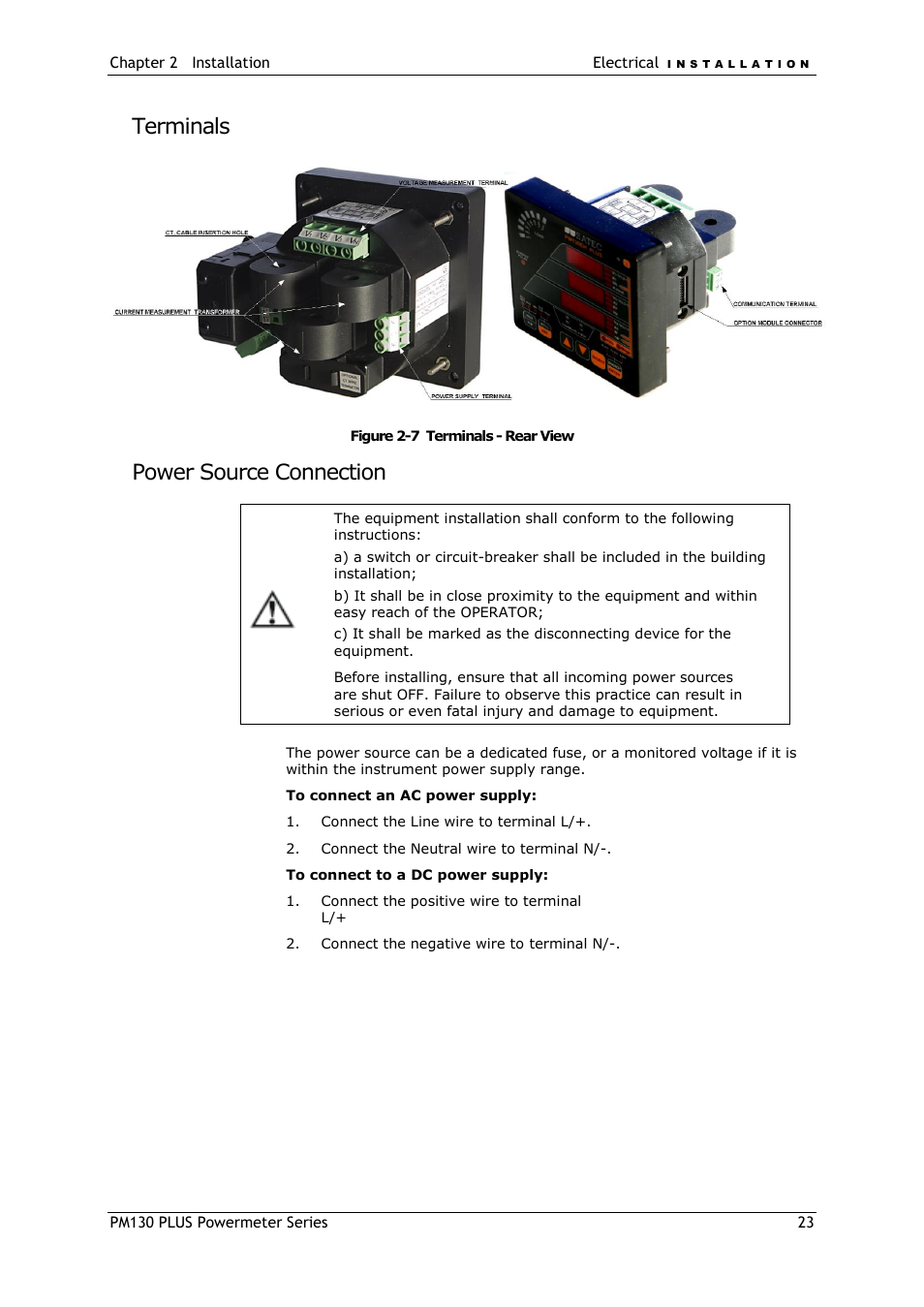 Terminals, Power source connection | SATEC PM130 PLUS Manual User Manual | Page 23 / 159