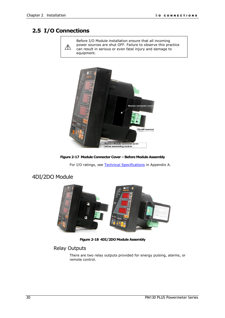 I/o connections, 4di/2do module, 5 i/o connections | Relay outputs | SATEC PM130 PLUS Manual User Manual | Page 30 / 159