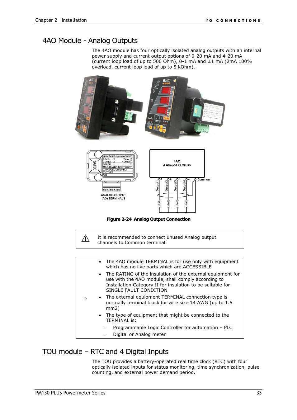 4ao module - analog outputs, Tou module – rtc and 4 digital inputs | SATEC PM130 PLUS Manual User Manual | Page 33 / 159