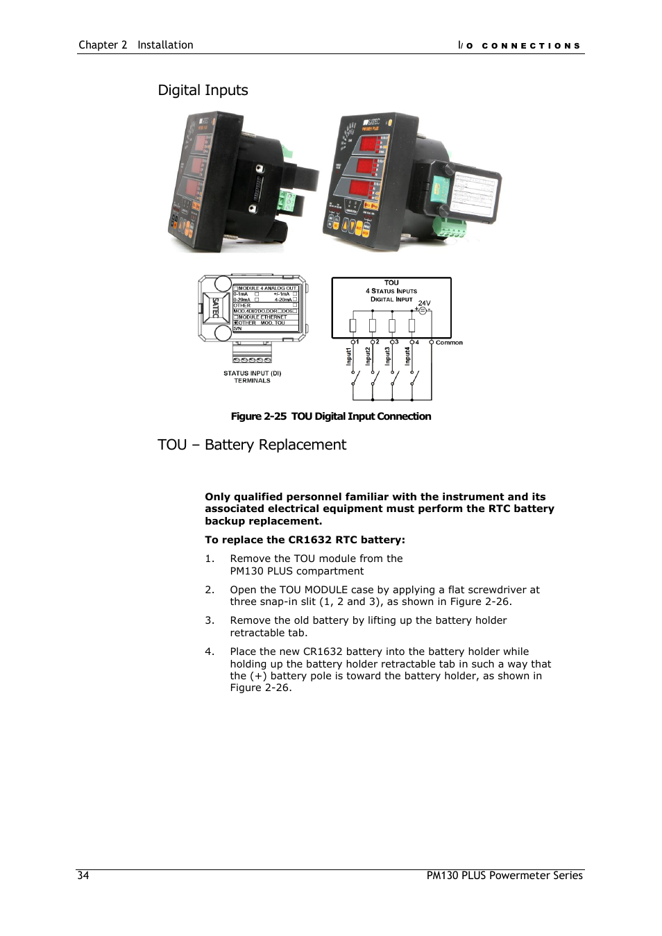 Warning, Digital inputs, Tou – battery replacement | SATEC PM130 PLUS Manual User Manual | Page 34 / 159