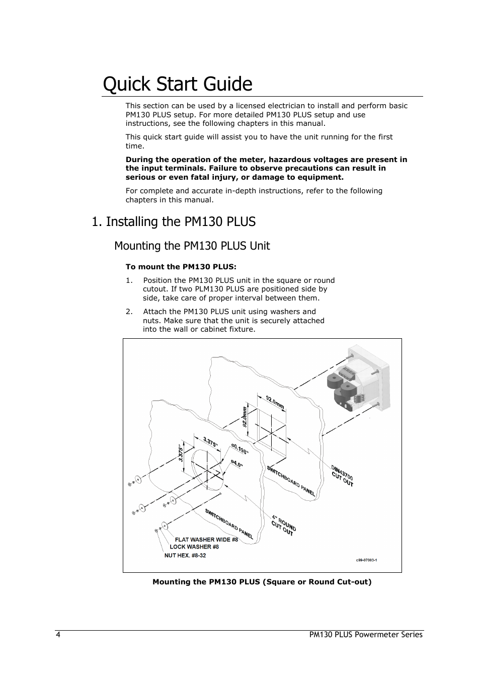 Quick start guide, Installing the pm130 plus, Mounting the pm130 plus unit | SATEC PM130 PLUS Manual User Manual | Page 4 / 159