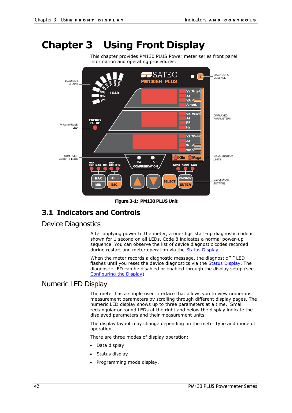 Chapter 3, Using front display, Indicators and controls | Device diagnostics, Numeric led display, Chapter 3 using front display, 1 indicators and controls device diagnostics | SATEC PM130 PLUS Manual User Manual | Page 42 / 159