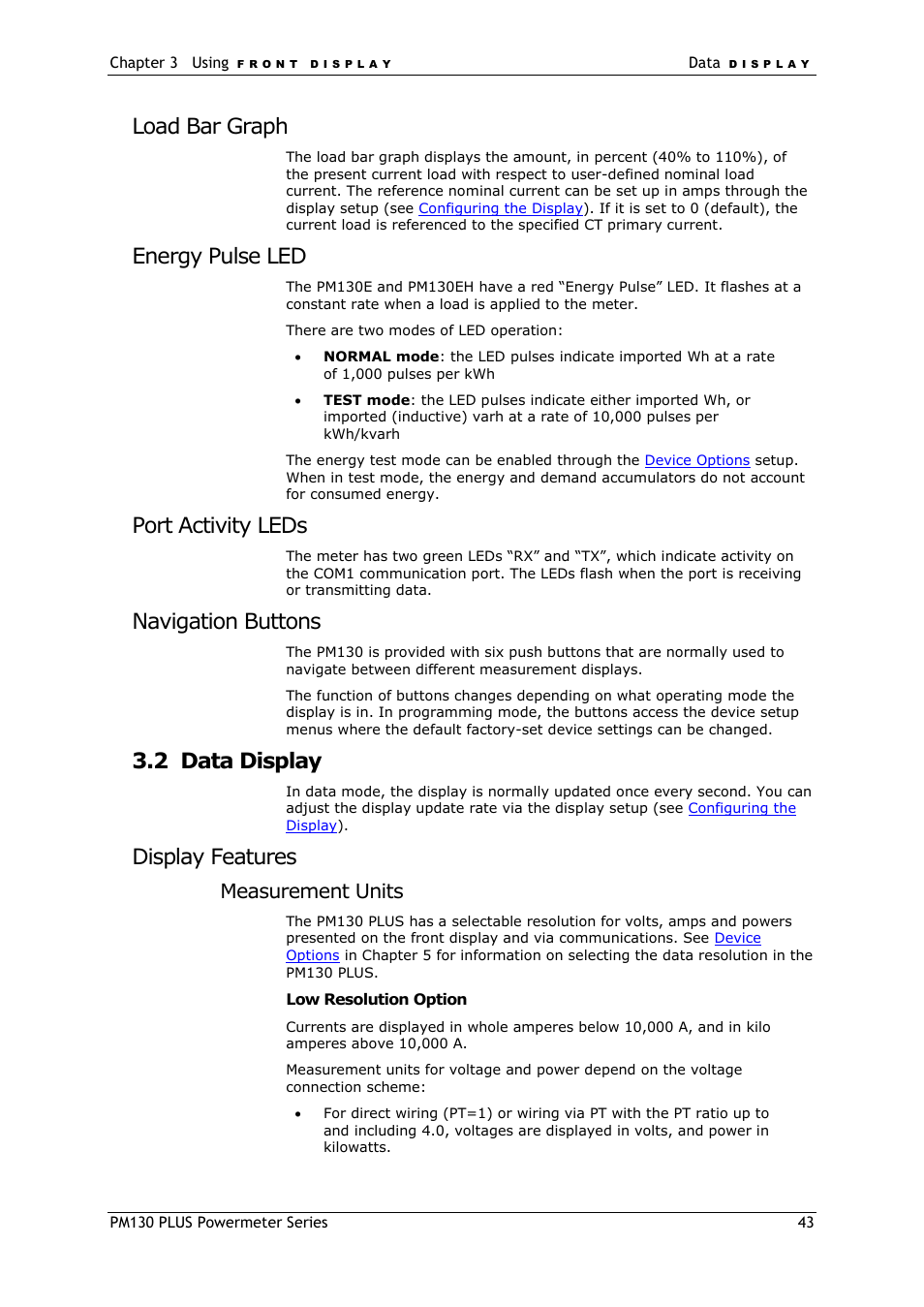 Load bar graph, Energy pulse led, Port activity leds | Navigation buttons, Data display, Display features, Measurement units, 2 data display | SATEC PM130 PLUS Manual User Manual | Page 43 / 159