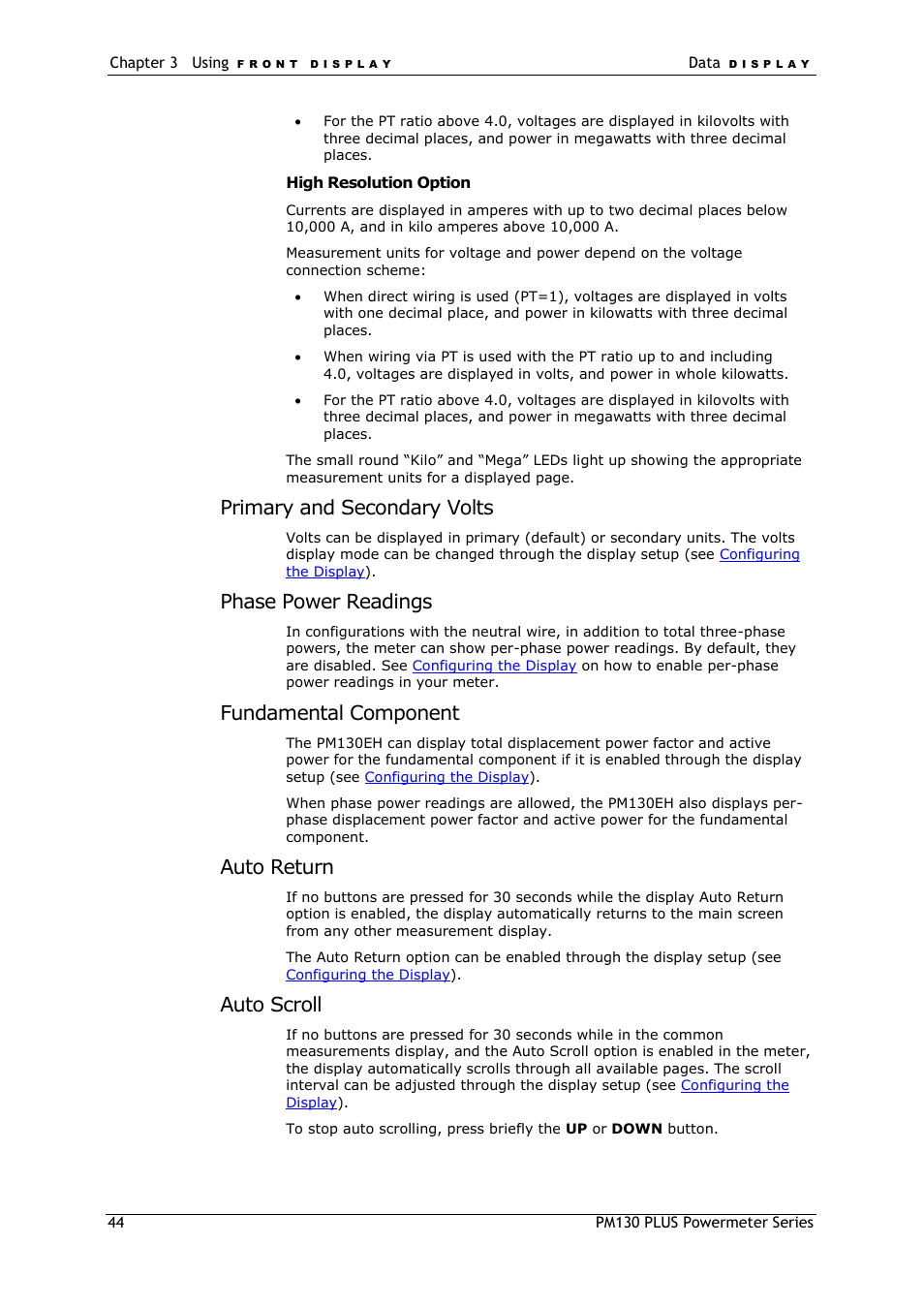 Primary and secondary volts, Phase power readings, Fundamental component | Auto return, Auto scroll | SATEC PM130 PLUS Manual User Manual | Page 44 / 159