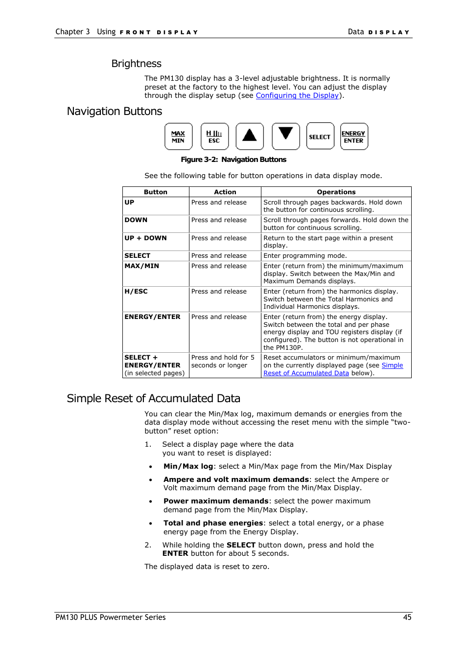 Navigation buttons, Simple reset of accumulated data, Brightness | SATEC PM130 PLUS Manual User Manual | Page 45 / 159