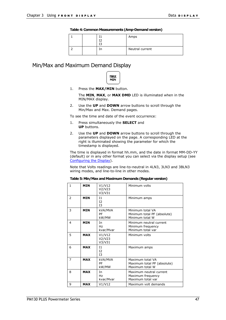 Min/max and maximum demand display | SATEC PM130 PLUS Manual User Manual | Page 47 / 159