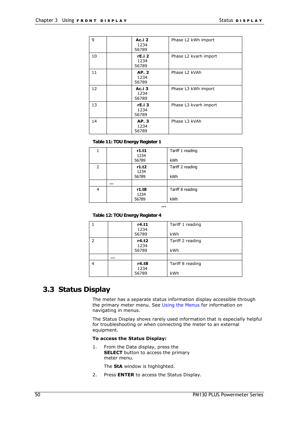 Status display, 3 status display | SATEC PM130 PLUS Manual User Manual | Page 50 / 159