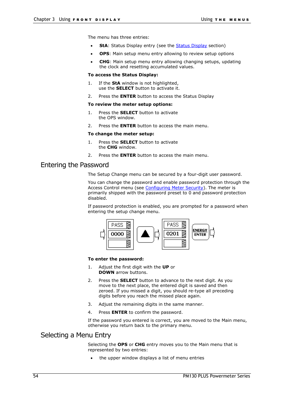 Entering the password, Selecting a menu entry | SATEC PM130 PLUS Manual User Manual | Page 54 / 159