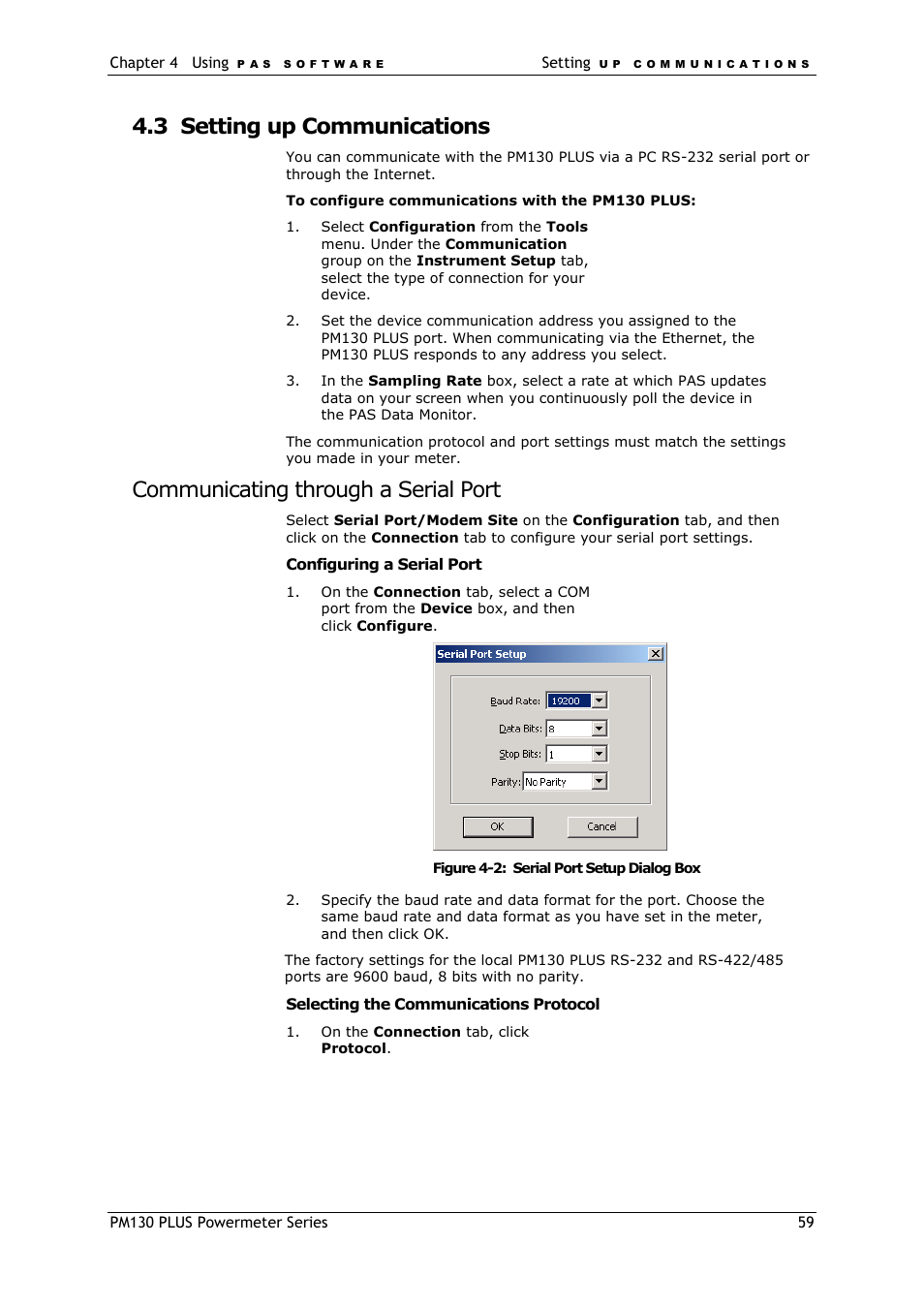 Setting up communications, Communicating through a serial port, 3 setting up communications | SATEC PM130 PLUS Manual User Manual | Page 59 / 159