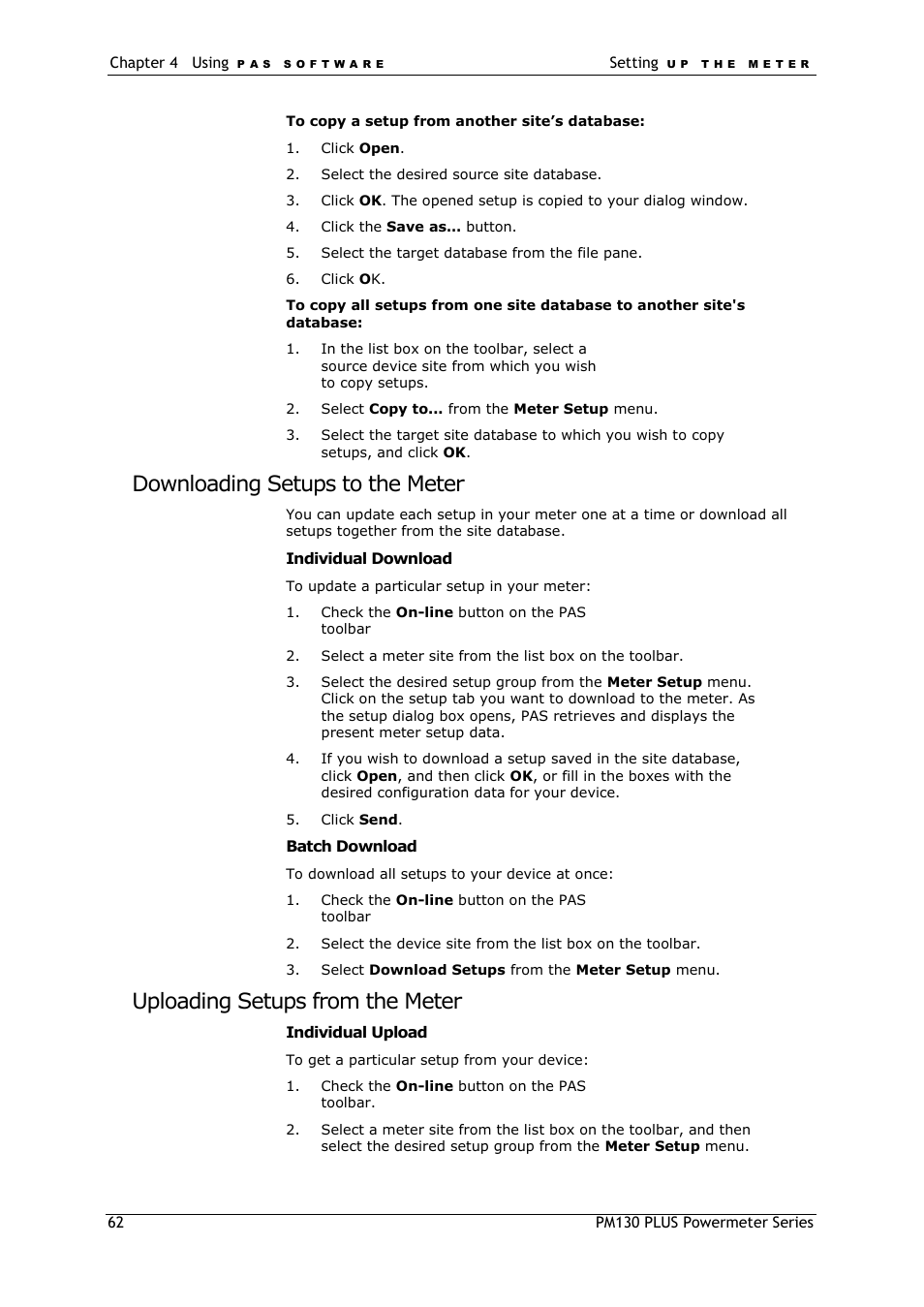 Downloading setups to the meter, Uploading setups from the meter | SATEC PM130 PLUS Manual User Manual | Page 62 / 159