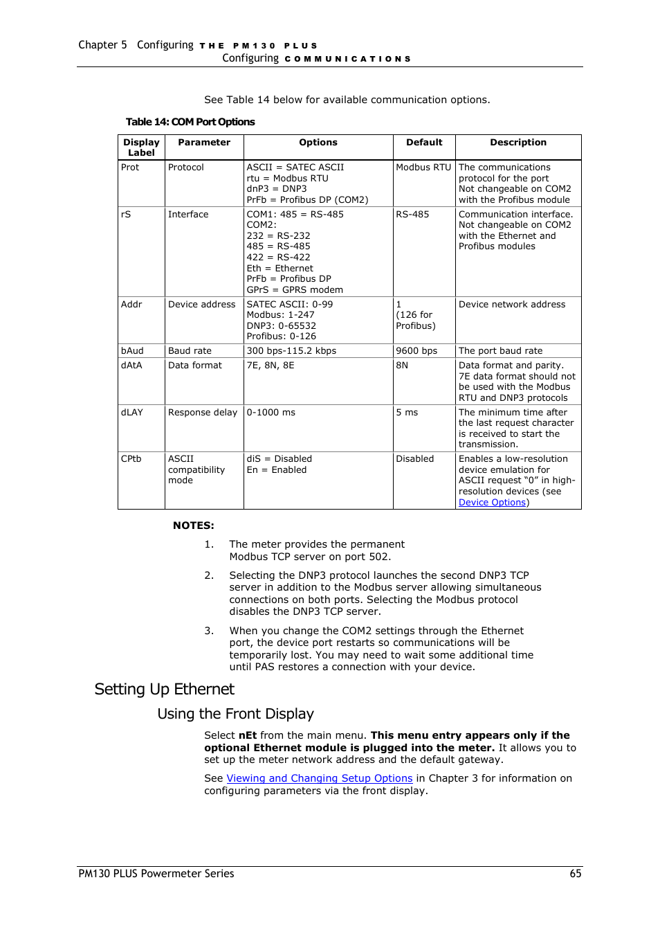 Setting up ethernet, Table 14, Using the front display | SATEC PM130 PLUS Manual User Manual | Page 65 / 159