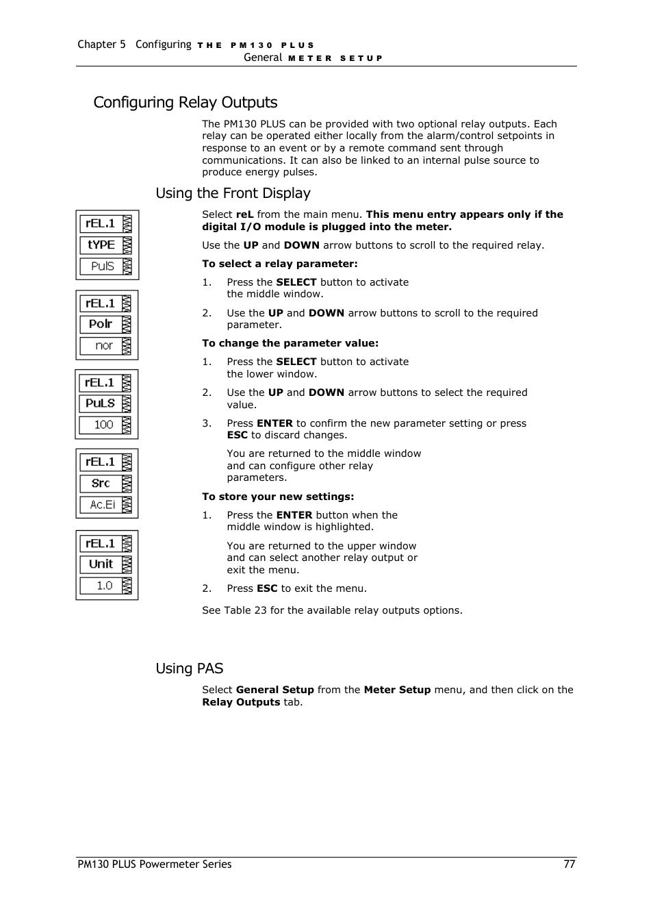 Configuring relay outputs, Using the front display, Using pas | SATEC PM130 PLUS Manual User Manual | Page 77 / 159