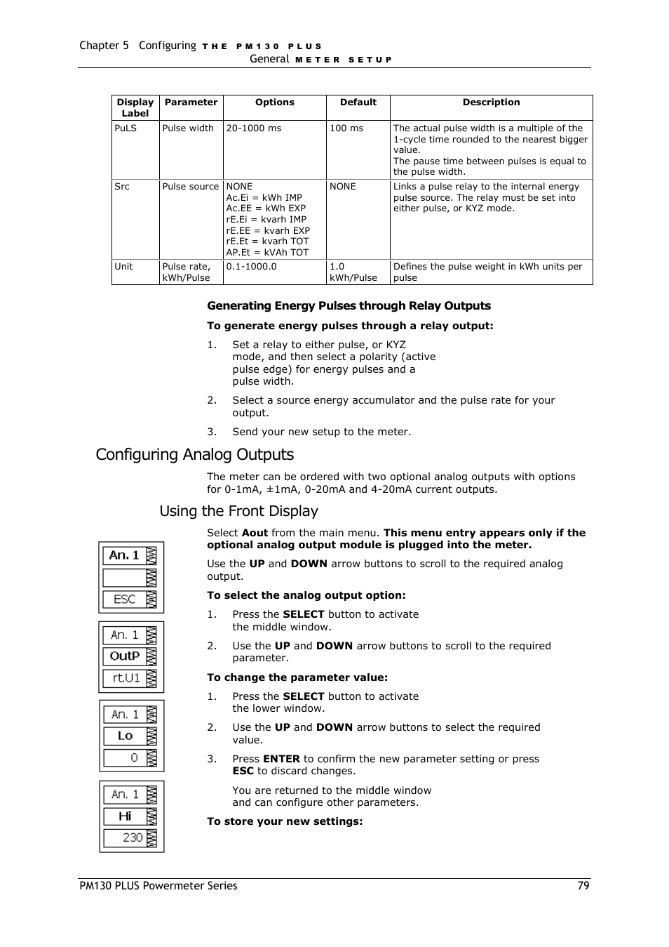 Configuring analog outputs, Using the front display | SATEC PM130 PLUS Manual User Manual | Page 79 / 159