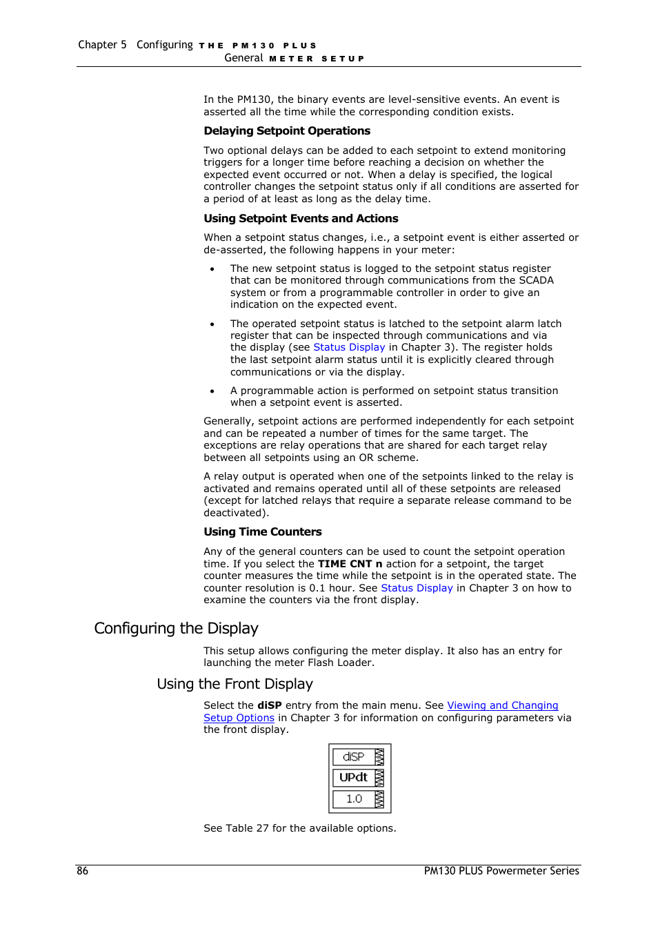 Configuring the display, Configuring the, Display | Configuring, The display, Using time counters, Using the front display | SATEC PM130 PLUS Manual User Manual | Page 86 / 159
