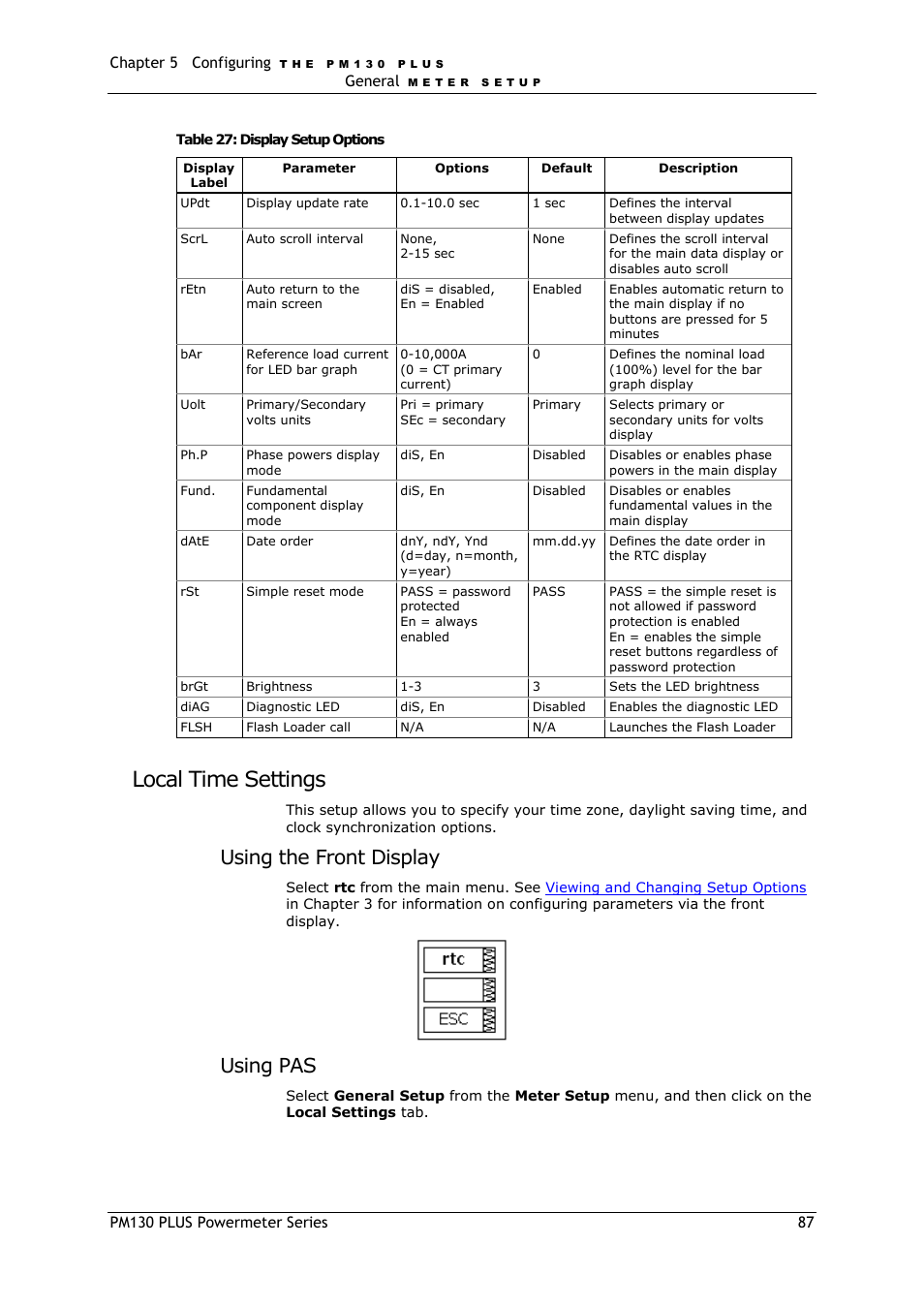 Local time settings, Ee table 27, Using the front display | Using pas | SATEC PM130 PLUS Manual User Manual | Page 87 / 159