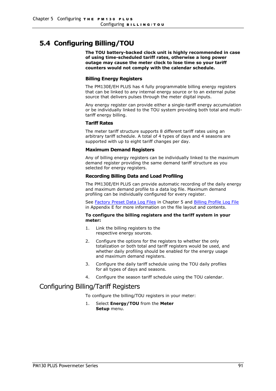 Configuring billing/tou, Configuring billing/tariff registers, 4 configuring billing/tou | SATEC PM130 PLUS Manual User Manual | Page 91 / 159