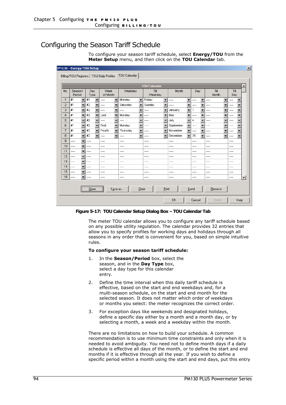 Configuring the season tariff schedule | SATEC PM130 PLUS Manual User Manual | Page 94 / 159