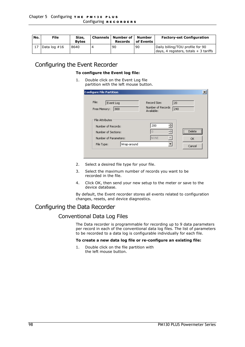 Configuring the event recorder, Configuring the data recorder, Conventional data log files | SATEC PM130 PLUS Manual User Manual | Page 98 / 159