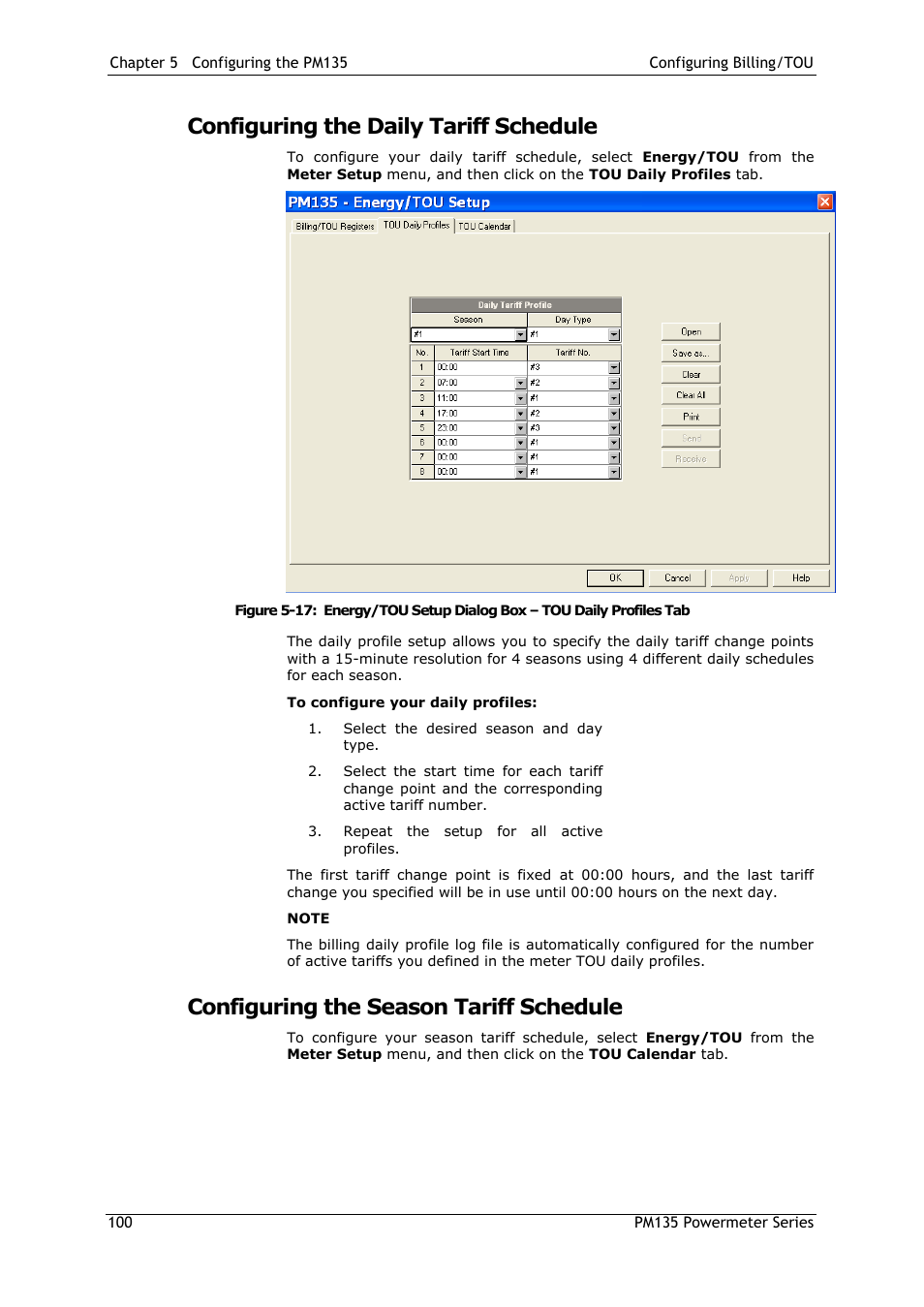 Configuring the daily tariff schedule, Configuring the season tariff schedule | SATEC PM135 Manual User Manual | Page 100 / 166