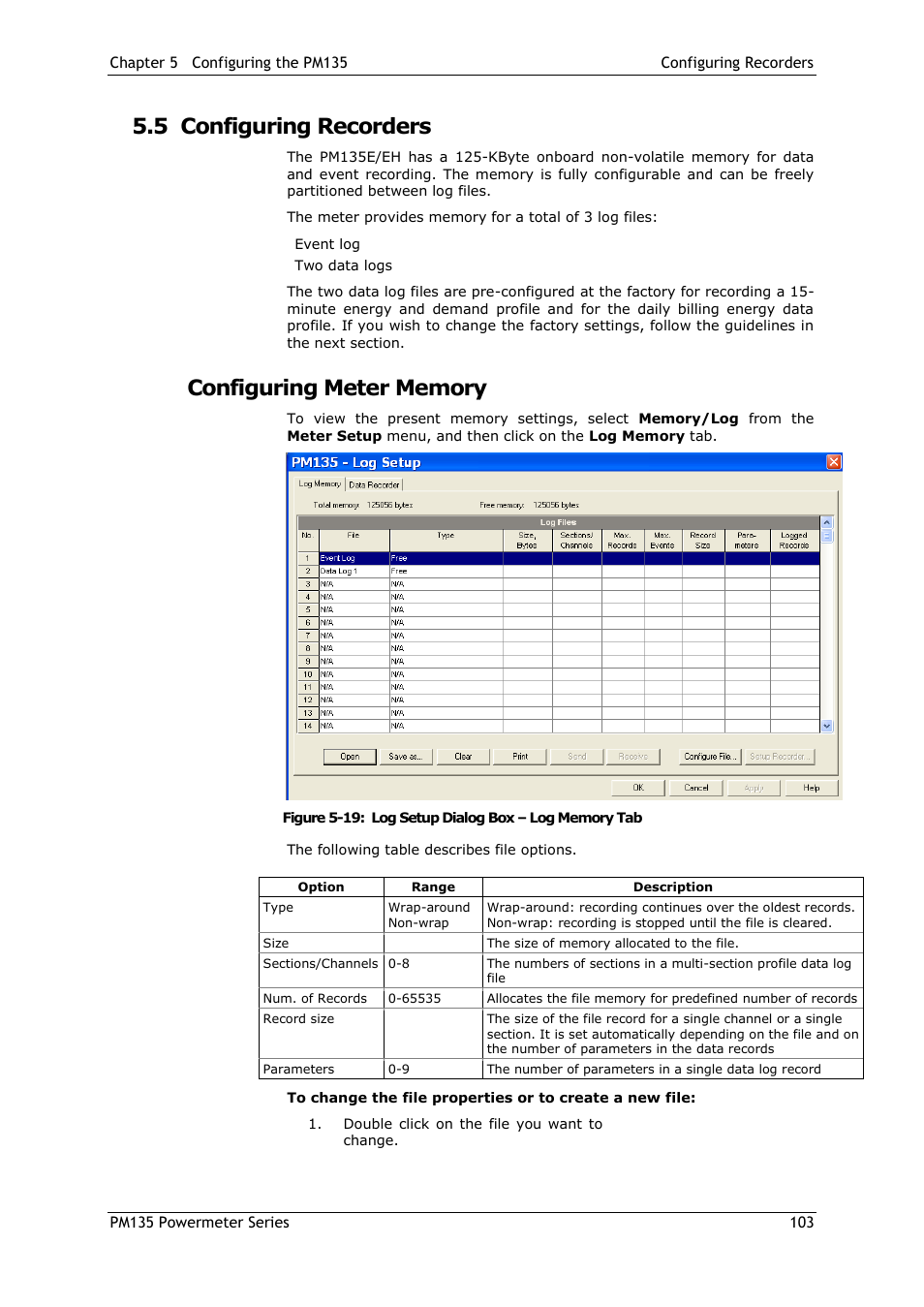 5 configuring recorders, Configuring meter memory, Configuring recorders | SATEC PM135 Manual User Manual | Page 103 / 166