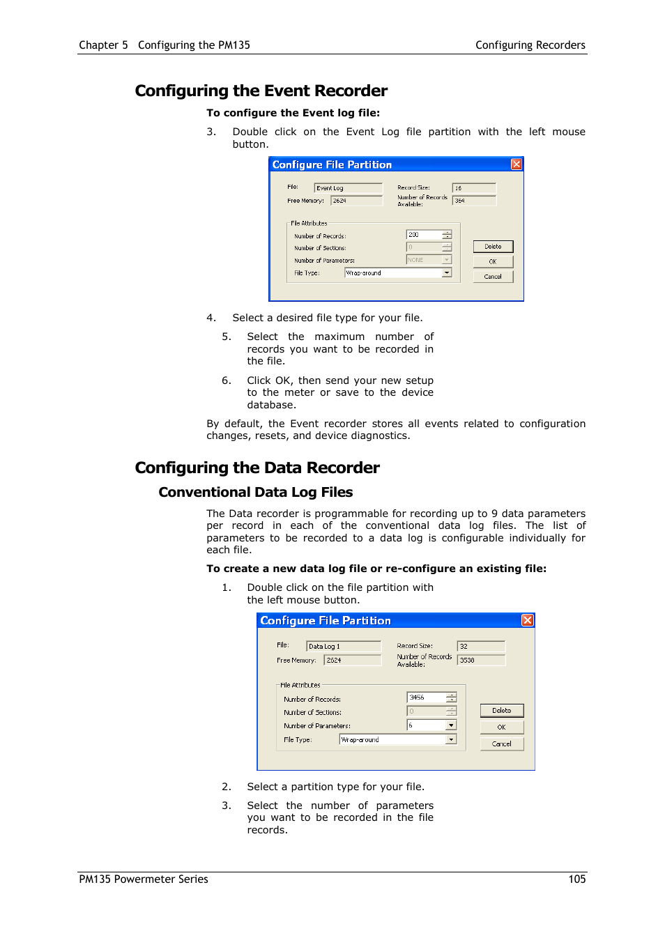 Configuring the event recorder, Configuring the data recorder, Conventional data log files | SATEC PM135 Manual User Manual | Page 105 / 166