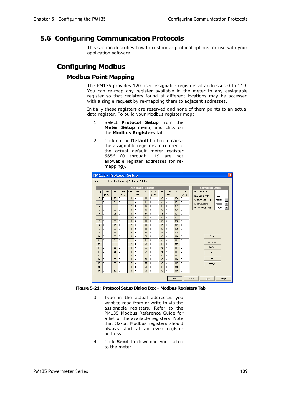 6 configuring communication protocols, Configuring modbus, Modbus point mapping | Configuring communication protocols | SATEC PM135 Manual User Manual | Page 109 / 166
