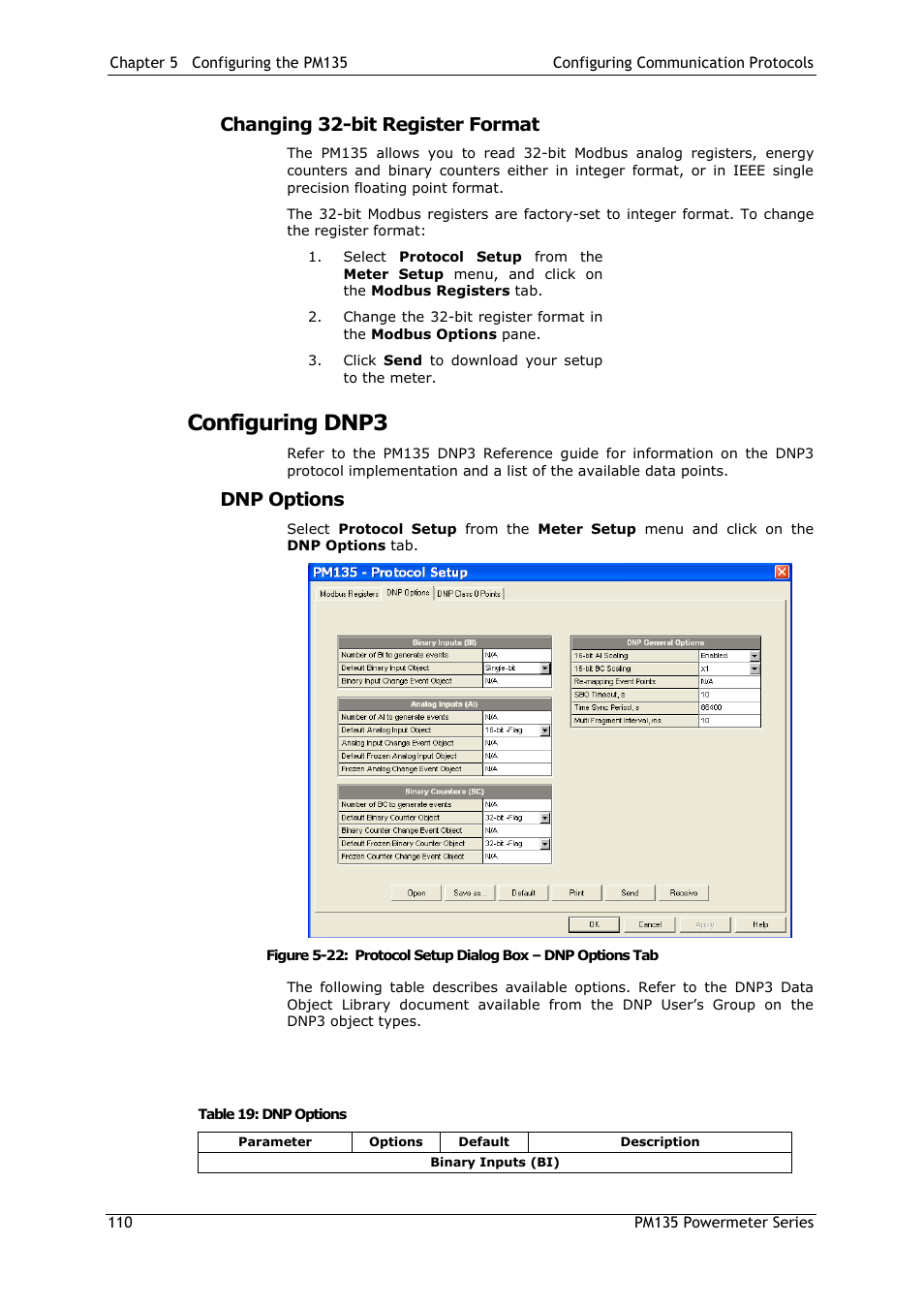 Changing 32-bit register format, Configuring dnp3, Dnp options | SATEC PM135 Manual User Manual | Page 110 / 166