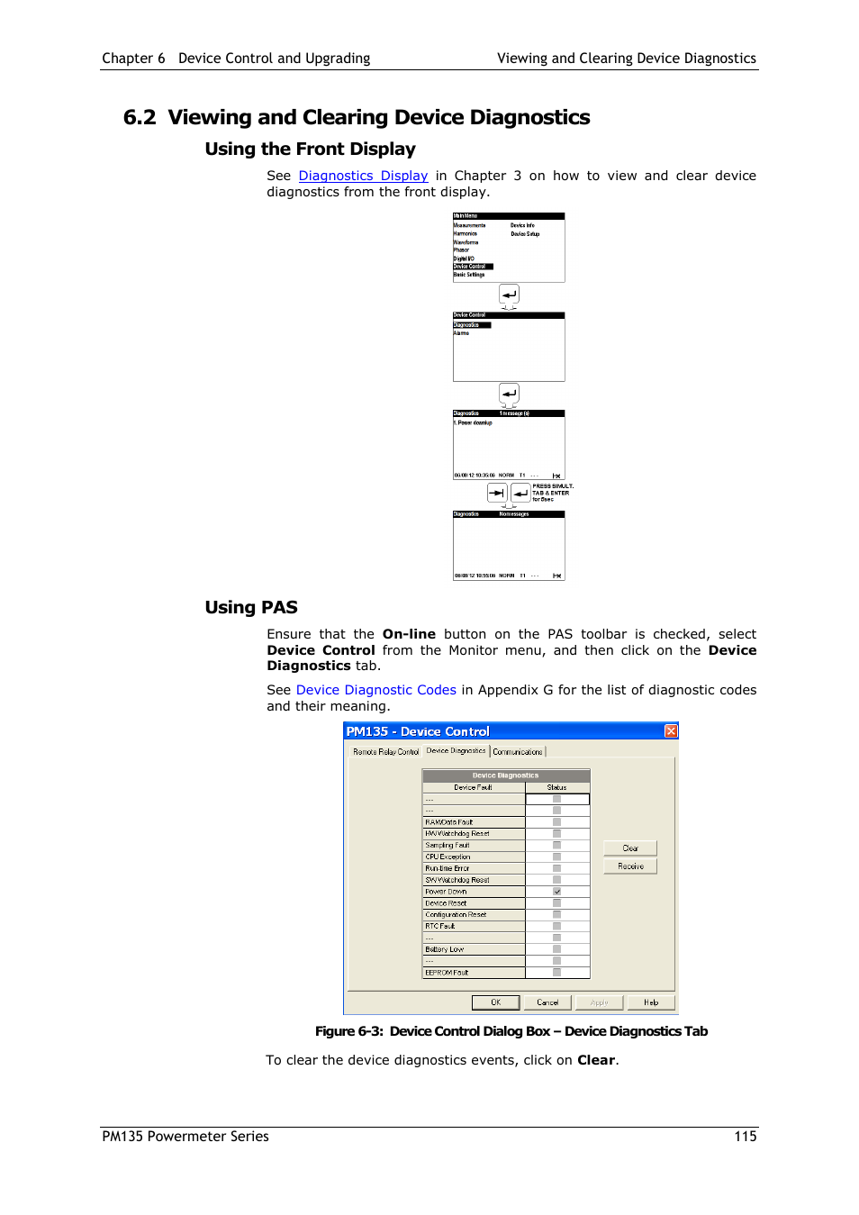 2 viewing and clearing device diagnostics, Using the front display, Using pas | Viewing and clearing device diagnostics | SATEC PM135 Manual User Manual | Page 115 / 166
