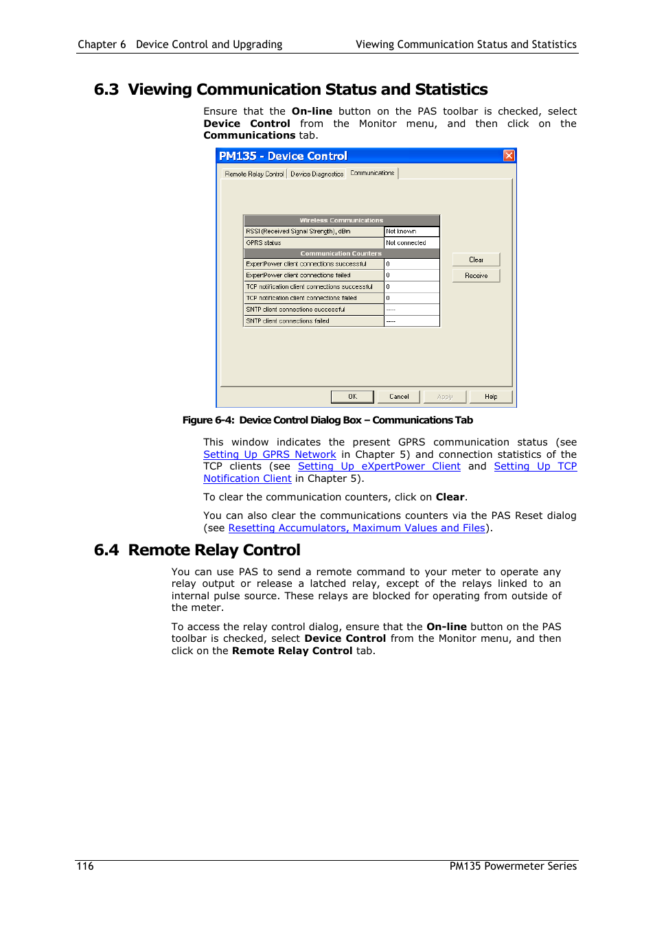 3 viewing communication status and statistics, 4 remote relay control, Viewing communication status and statistics | Remote relay control | SATEC PM135 Manual User Manual | Page 116 / 166