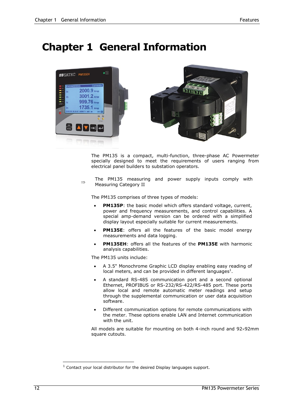 Chapter 1 general information, Chapter 1, General information | SATEC PM135 Manual User Manual | Page 12 / 166