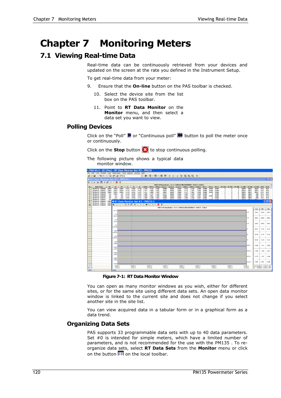 Chapter 7 monitoring meters, 1 viewing real-time data, Polling devices | Organizing data sets, Chapter 7, Monitoring meters, Viewing real-time data | SATEC PM135 Manual User Manual | Page 120 / 166