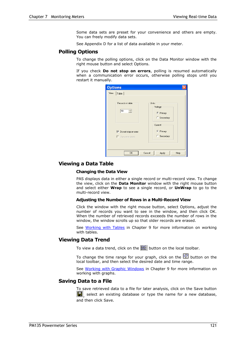 Polling options, Viewing a data table, Changing the data view | Viewing data trend, Saving data to a file | SATEC PM135 Manual User Manual | Page 121 / 166