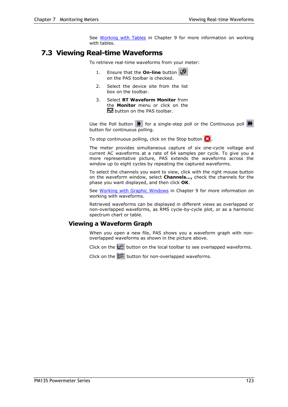 3 viewing real-time waveforms, Viewing a waveform graph, Viewing real-time waveforms | SATEC PM135 Manual User Manual | Page 123 / 166
