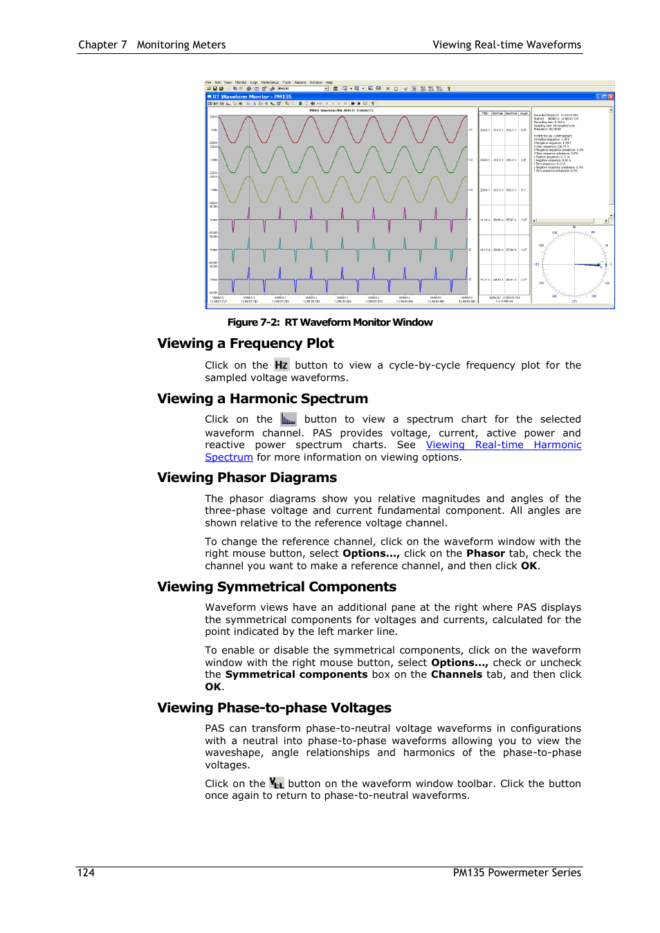 Viewing a frequency plot, Viewing a harmonic spectrum, Viewing phasor diagrams | Viewing symmetrical components, Viewing phase-to-phase voltages | SATEC PM135 Manual User Manual | Page 124 / 166