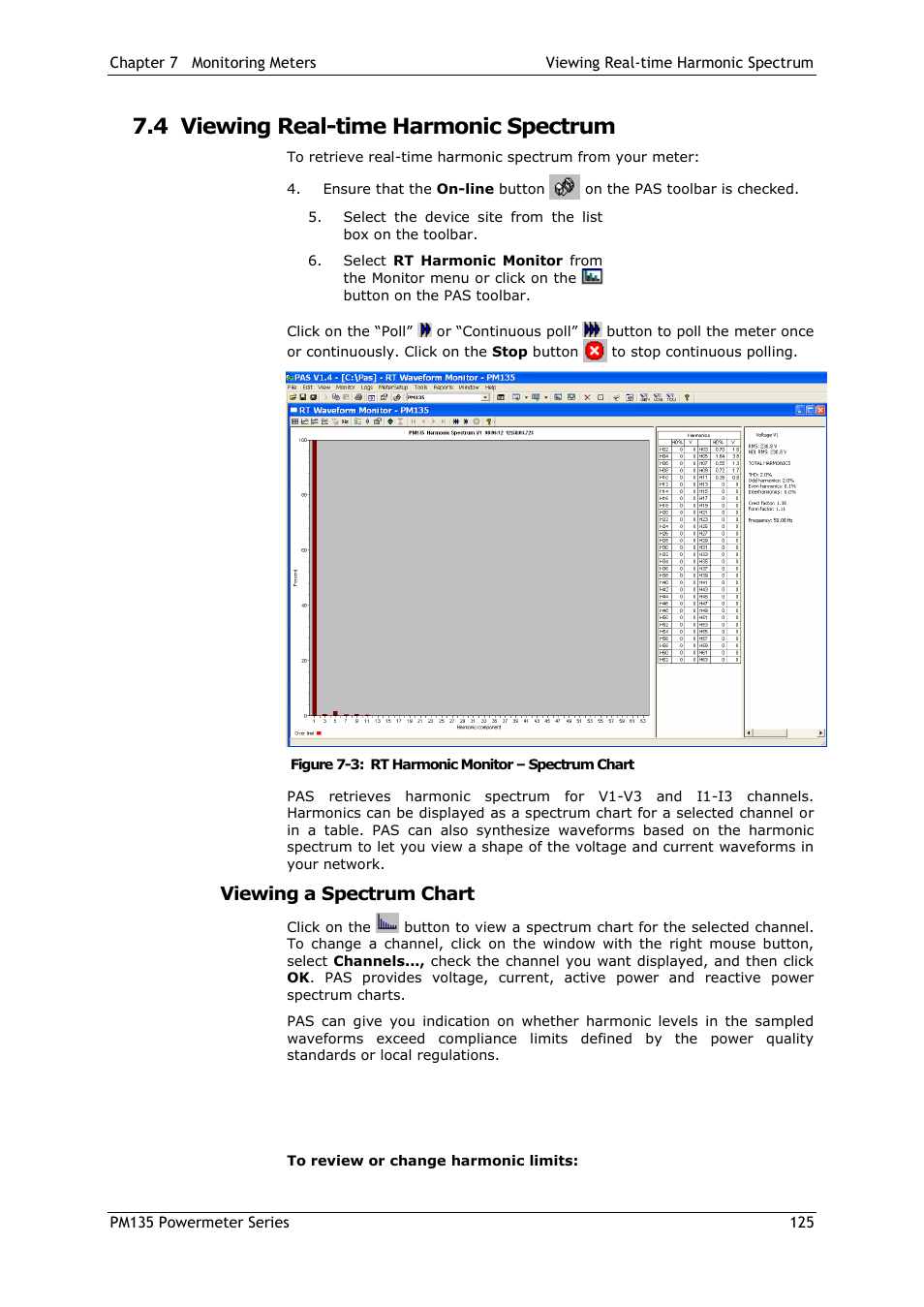 4 viewing real-time harmonic spectrum, Viewing a spectrum chart, Viewing real-time harmonic spectrum | SATEC PM135 Manual User Manual | Page 125 / 166