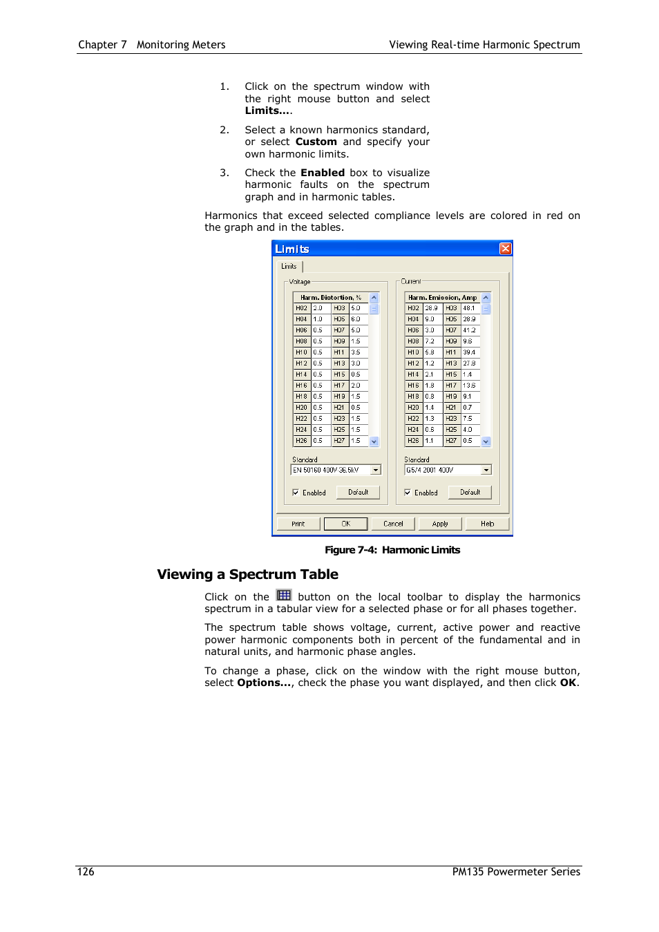 Viewing a spectrum table | SATEC PM135 Manual User Manual | Page 126 / 166