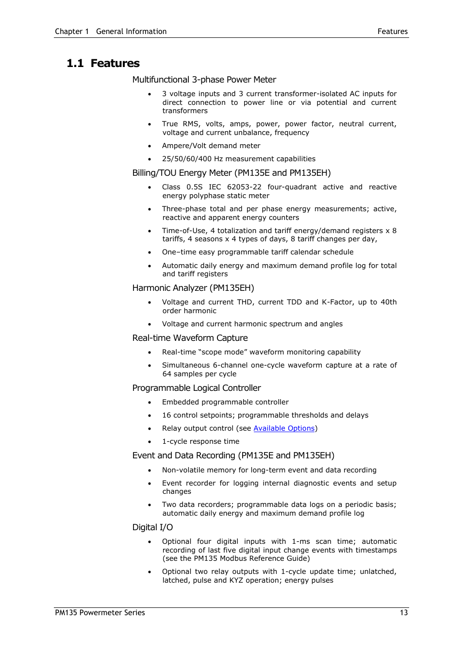 1 features, Features | SATEC PM135 Manual User Manual | Page 13 / 166