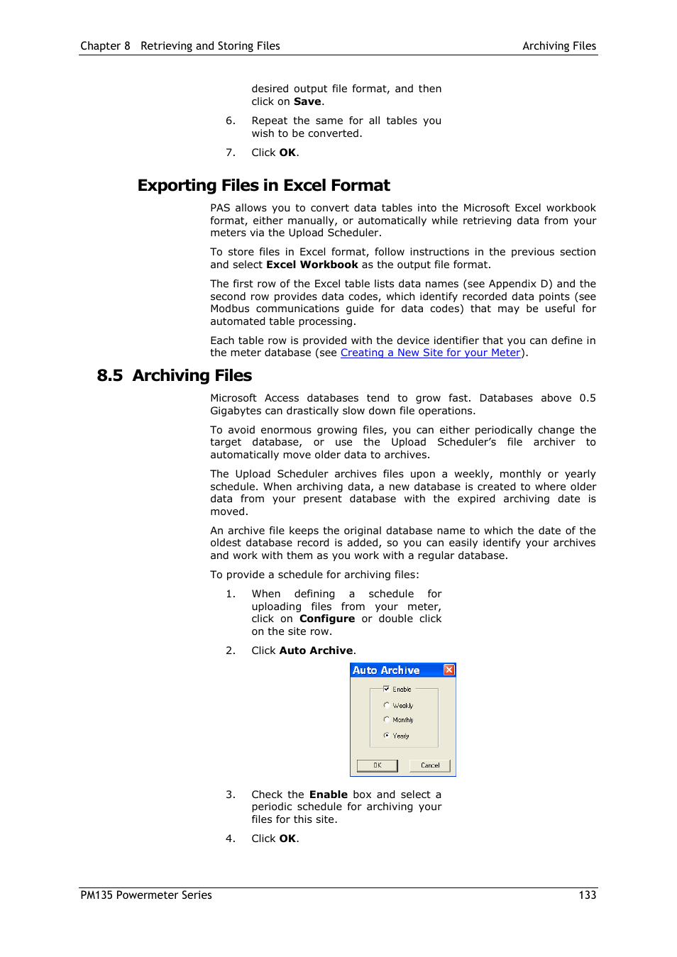 Exporting files in excel format, 5 archiving files, Archiving files | SATEC PM135 Manual User Manual | Page 133 / 166