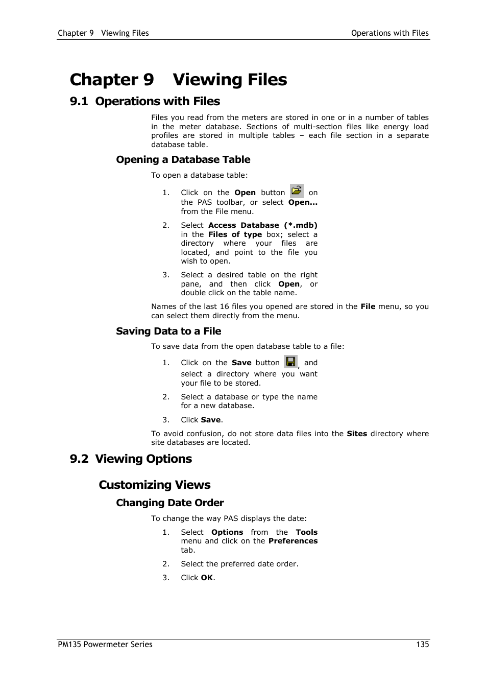 Chapter 9 viewing files, 1 operations with files, Opening a database table | Saving data to a file, 2 viewing options, Customizing views, Changing date order, Chapter 9, Viewing files, Operations with files | SATEC PM135 Manual User Manual | Page 135 / 166