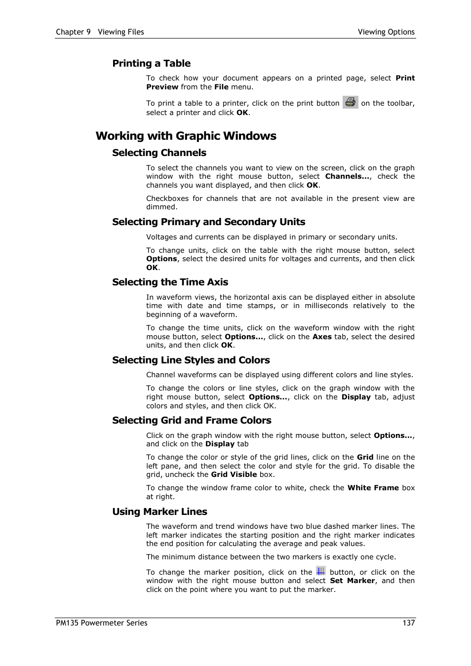 Printing a table, Working with graphic windows, Selecting channels | Selecting primary and secondary units, Selecting the time axis, Selecting line styles and colors, Selecting grid and frame colors, Using marker lines | SATEC PM135 Manual User Manual | Page 137 / 166