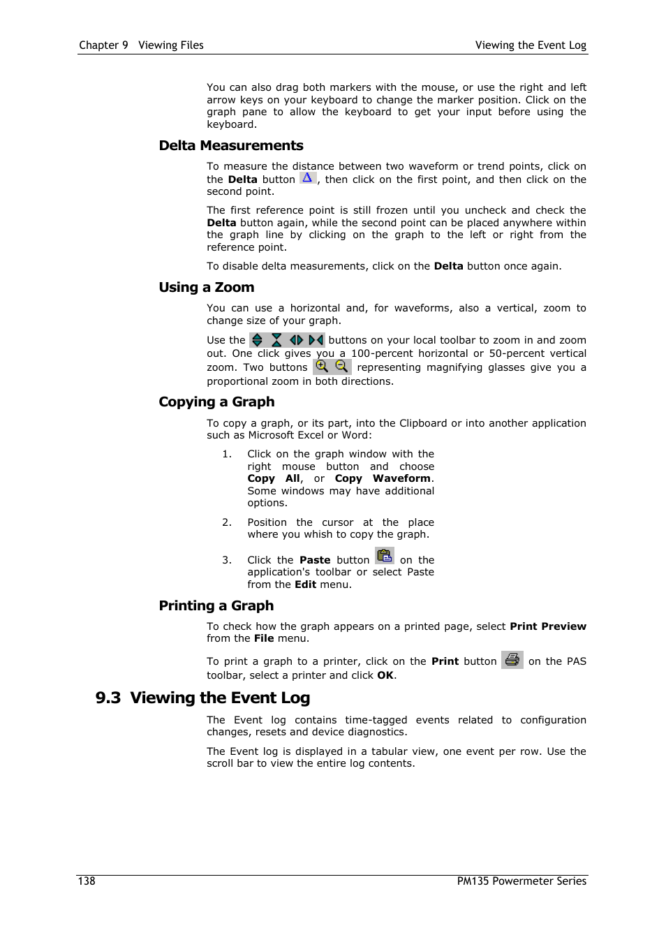 Delta measurements, Using a zoom, Copying a graph | Printing a graph, 3 viewing the event log, Viewing the event log | SATEC PM135 Manual User Manual | Page 138 / 166