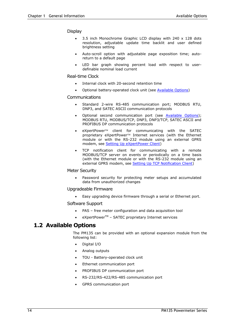 2 available options, Available options | SATEC PM135 Manual User Manual | Page 14 / 166