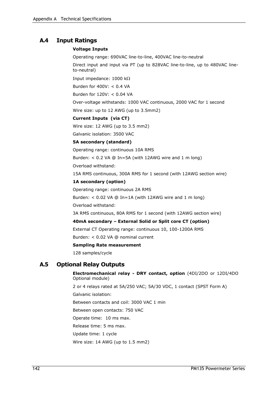 A.4 input ratings, A.5 optional relay outputs | SATEC PM135 Manual User Manual | Page 142 / 166