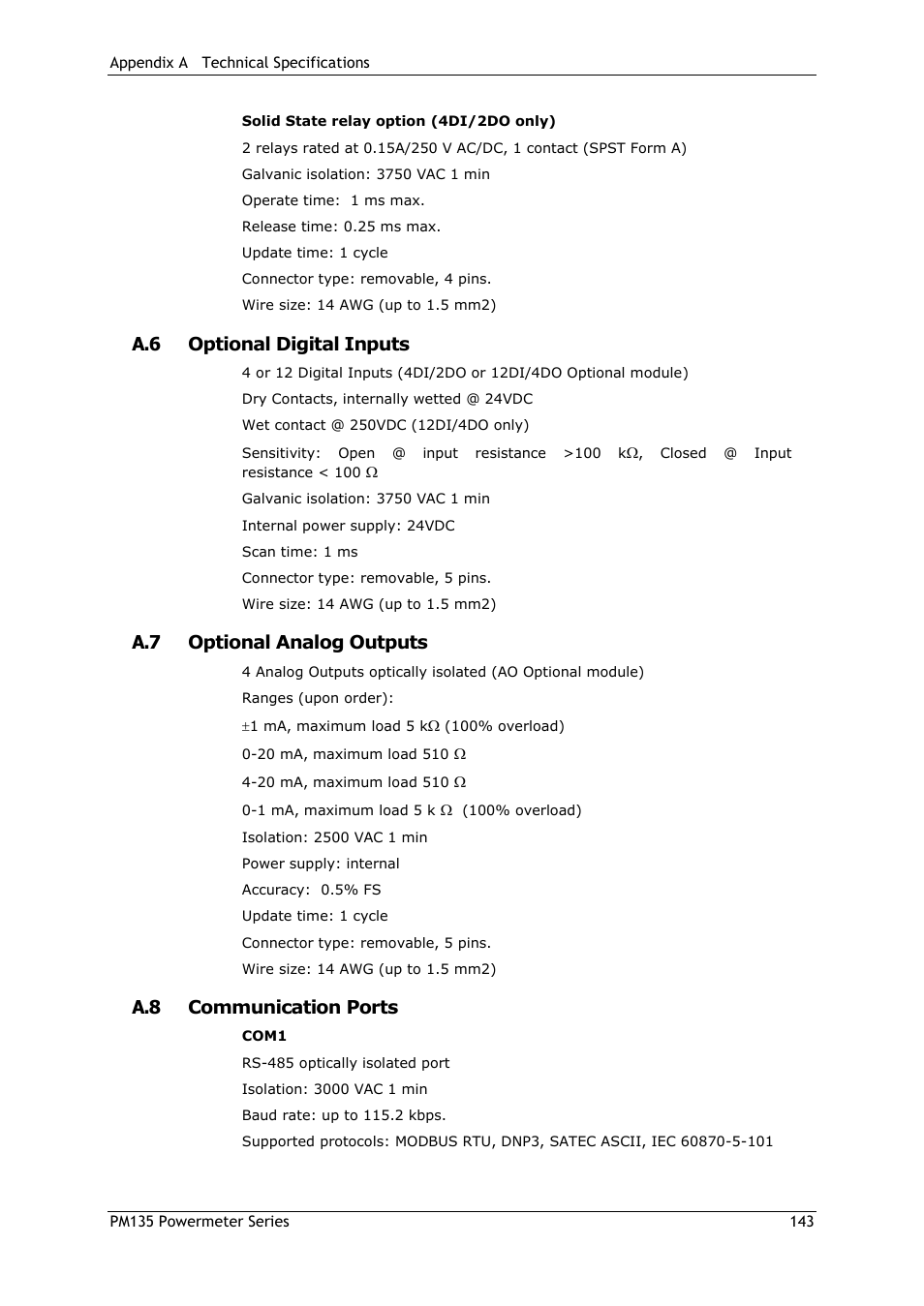 A.6 optional digital inputs, A.7 optional analog outputs, A.8 communication ports | SATEC PM135 Manual User Manual | Page 143 / 166