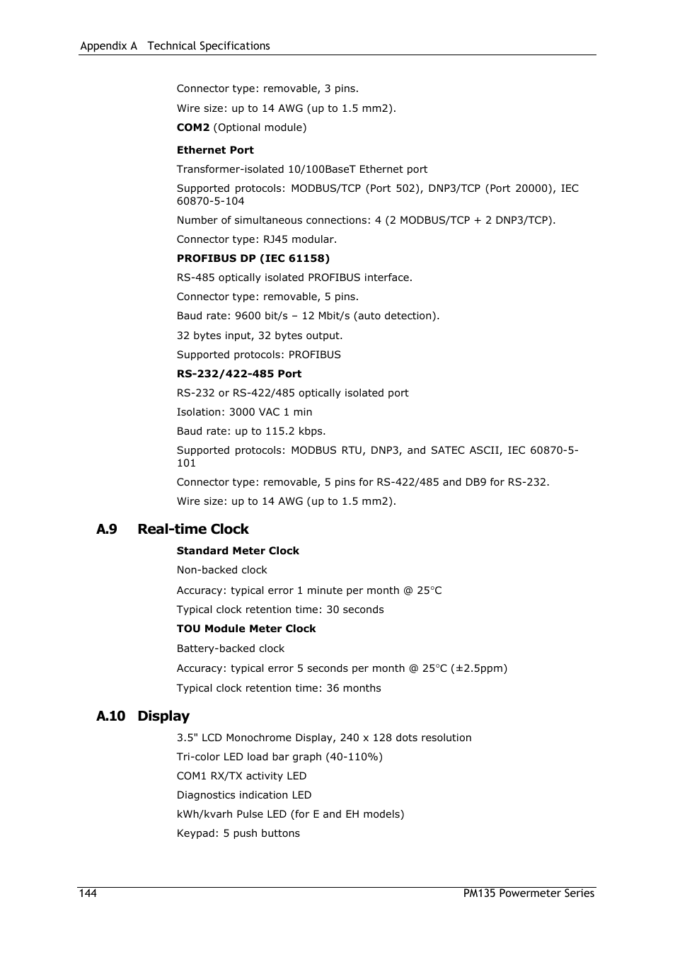 A.9 real-time clock, A.10 display | SATEC PM135 Manual User Manual | Page 144 / 166