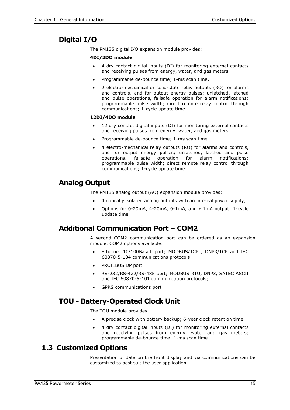 Digital i/o, Analog output, Additional communication port – com2 | Tou - battery-operated clock unit, 3 customized options, Customized options | SATEC PM135 Manual User Manual | Page 15 / 166