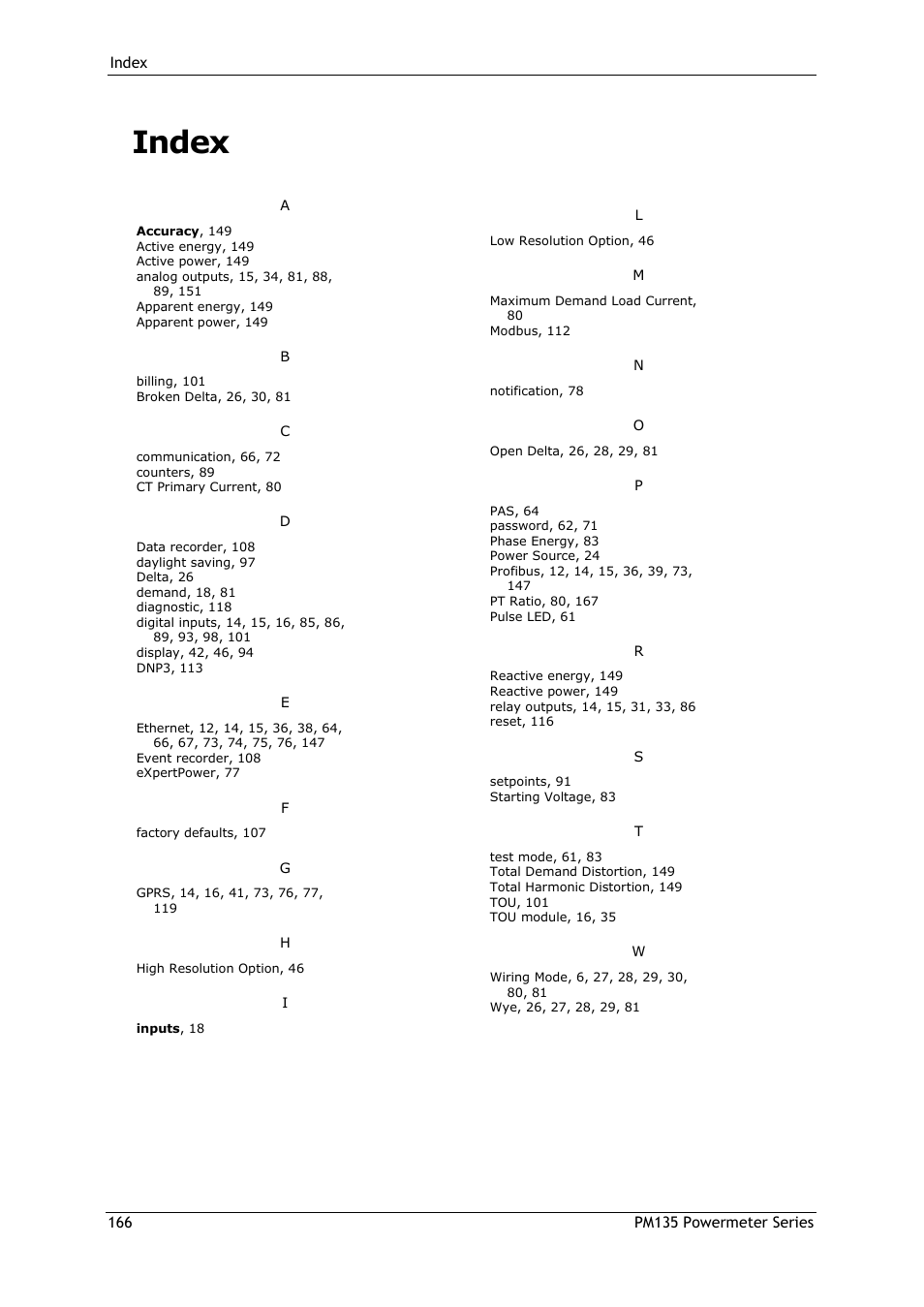 Index | SATEC PM135 Manual User Manual | Page 166 / 166