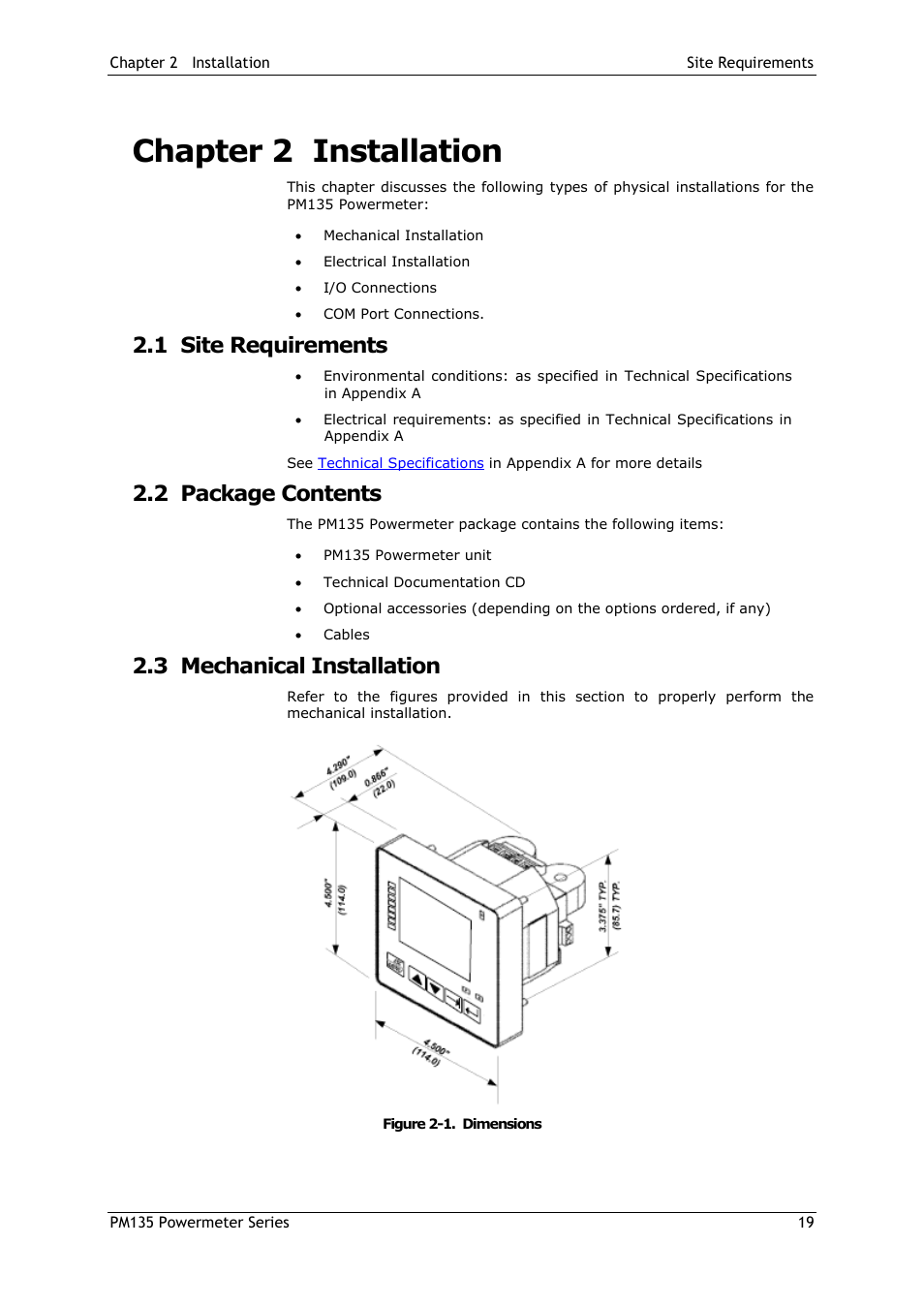 Chapter 2 installation, 1 site requirements, 2 package contents | 3 mechanical installation, Chapter 2, Installation, Site requirements, Package contents, Mechanical installation | SATEC PM135 Manual User Manual | Page 19 / 166